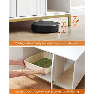 Feandrea Litter Box Enclosure, Modern Cat Litter Box Furniture Hidden, with Scratching Mat, Tall Legs, Cat House, Side End Table, 31.5 x 19.7 x 21.7 Inches, White and Gold UPCL007W01