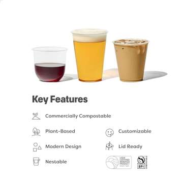 TOSSWARE NATURAL Arc - Plant Based Cups 16 oz - Plastic Alternative Cups for Parties, Bachelorettes, Weddings - Recyclable Clear Cold Cups - Set of 50