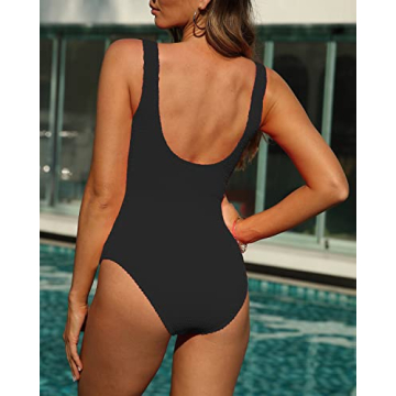 Limeeke Women One Piece Swimsuit Solid Ribbed Monokini Swimwear Scoop Neck Low Back Bathing Suit