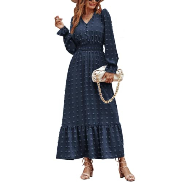Chic MASCOMODA Women Boho Maxi Dress 2024 Long Sleeve V Neck