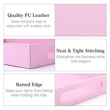 Lewondr ServingTray with Wide Handles, PU Ottoman Serving Tray, 14.96" x 9.45" x 1.97" Desktop Serving Platter, Jewelry Key Catchall Tray, Countertop Storage Organizer Plate for Kitchen,Office - Pink
