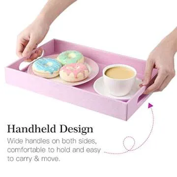 Lewondr ServingTray with Wide Handles, PU Ottoman Serving Tray, 14.96" x 9.45" x 1.97" Desktop Serving Platter, Jewelry Key Catchall Tray, Countertop Storage Organizer Plate for Kitchen,Office - Pink