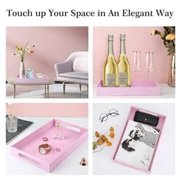 Lewondr ServingTray with Wide Handles, PU Ottoman Serving Tray, 14.96" x 9.45" x 1.97" Desktop Serving Platter, Jewelry Key Catchall Tray, Countertop Storage Organizer Plate for Kitchen,Office - Pink
