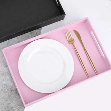 Lewondr ServingTray with Wide Handles, PU Ottoman Serving Tray, 14.96" x 9.45" x 1.97" Desktop Serving Platter, Jewelry Key Catchall Tray, Countertop Storage Organizer Plate for Kitchen,Office - Pink