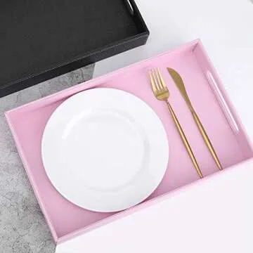Lewondr ServingTray with Wide Handles, PU Ottoman Serving Tray, 14.96" x 9.45" x 1.97" Desktop Serving Platter, Jewelry Key Catchall Tray, Countertop Storage Organizer Plate for Kitchen,Office - Pink