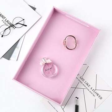 Lewondr ServingTray with Wide Handles, PU Ottoman Serving Tray, 14.96" x 9.45" x 1.97" Desktop Serving Platter, Jewelry Key Catchall Tray, Countertop Storage Organizer Plate for Kitchen,Office - Pink