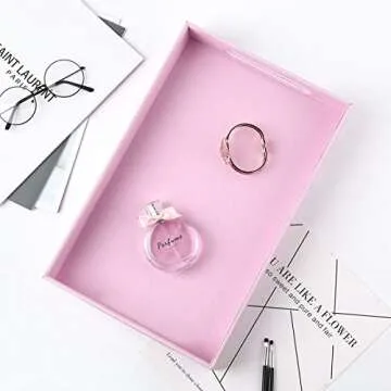 Lewondr ServingTray with Wide Handles, PU Ottoman Serving Tray, 14.96" x 9.45" x 1.97" Desktop Serving Platter, Jewelry Key Catchall Tray, Countertop Storage Organizer Plate for Kitchen,Office - Pink