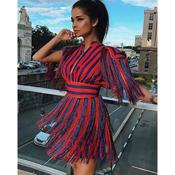 Whoinshop Women's Bodycon Mini Dress Red High Neck Tassel