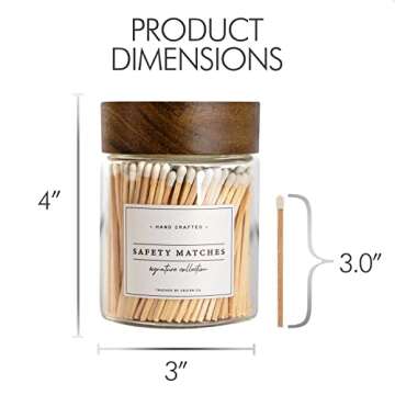 Touched By Design Co Signature Decorative Match Holder w Approx 150 White 3" Matches in a Jar | Glass Match Bottle for Lighting Candles or Fireplace | Bulk Matchsticks in Cloche w Striker