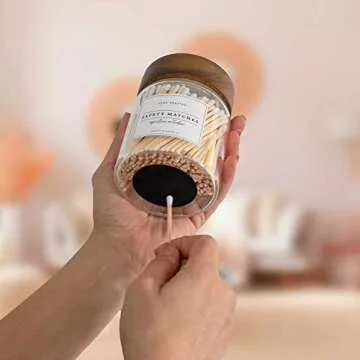 Touched By Design Co Signature Decorative Match Holder w Approx 150 White 3" Matches in a Jar | Glass Match Bottle for Lighting Candles or Fireplace | Bulk Matchsticks in Cloche w Striker