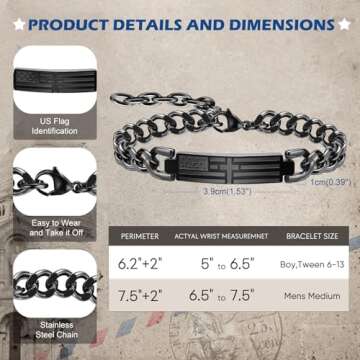 TempBeau Black Cross Bracelet for Men - Black Bible Verse Stainless Steel Chain Mens American Flag Bracelet Birthday Gift Ideas First Communion Confirmation Baptism Christian Easter Gifts for Men,3