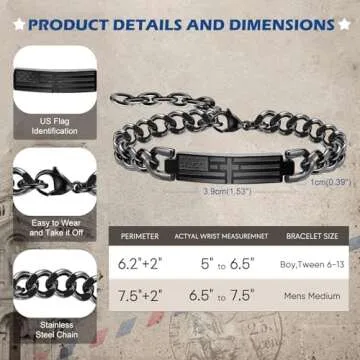 TempBeau Black Cross Bracelet for Men - Black Bible Verse Stainless Steel Chain Mens American Flag Bracelet Birthday Gift Ideas First Communion Confirmation Baptism Christian Easter Gifts for Men,3
