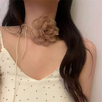 Kokoma Vintage Rose Flower Choker Necklace for Women Lady Brown Big Floral Lace-up Necklace Collar Tie Choker Necklace for Party Bride Wedding Party Summer
