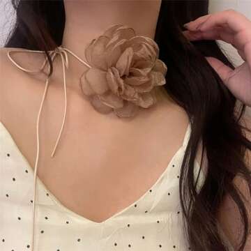 Kokoma Vintage Rose Flower Choker Necklace for Women Lady Brown Big Floral Lace-up Necklace Collar Tie Choker Necklace for Party Bride Wedding Party Summer