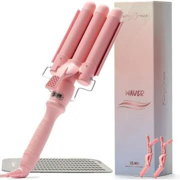 3 Barrel Curling Iron Wand for Beach Waves, Pink