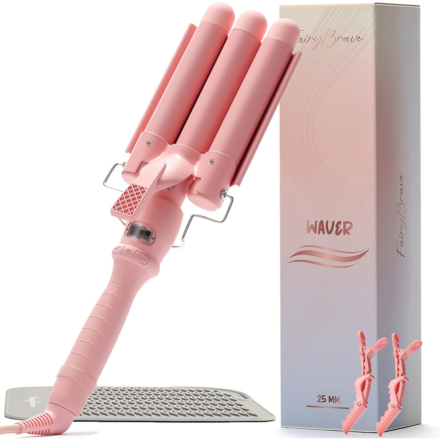 3 Barrel Curling Iron Wand for Beach Waves, Pink