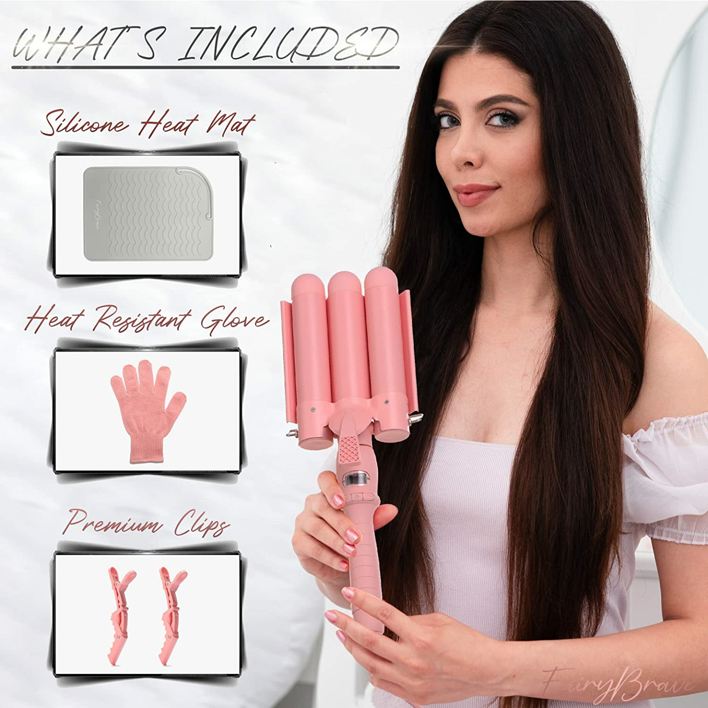 3 Barrel Curling Iron Wand for Beach Waves, Pink