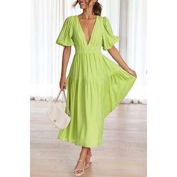 Yuemengxuan Womens Puff Sleeve Maxi Dress Deep V-Neck Smocked Long Dress Sexy Flowy Zipper Back Summer Party Dress, Yellow Green, Small