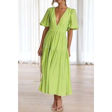 Yuemengxuan Womens Puff Sleeve Maxi Dress Deep V-Neck Smocked Long Dress Sexy Flowy Zipper Back Summer Party Dress, Yellow Green, Small