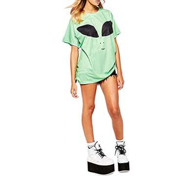 Forlisea Womens Casual Alien Print Short Sleeve Loose T-Shirt Top Green