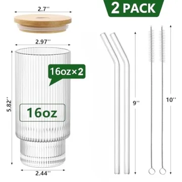 WXCWYQR 16OZ Glass Cups with Lid and Straw 2 Set