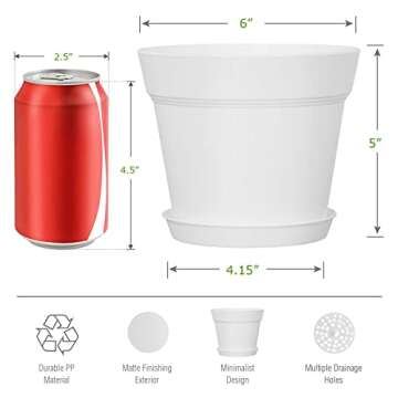 WOUSIWER 16 Pack 6 inch Plastic Planters for Indoor Flower Pots, Heavy Duty and Stylish 6 Inch Plant Pots for Indoor Plants with Drainage Holes and Tray for Plants, Flowers, White