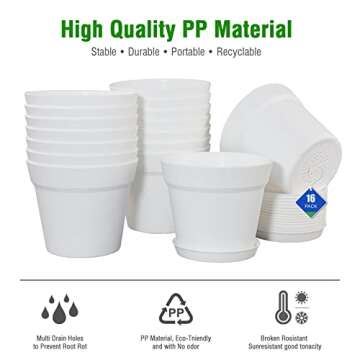 WOUSIWER 16 Pack 6 inch Plastic Planters for Indoor Flower Pots, Heavy Duty and Stylish 6 Inch Plant Pots for Indoor Plants with Drainage Holes and Tray for Plants, Flowers, White