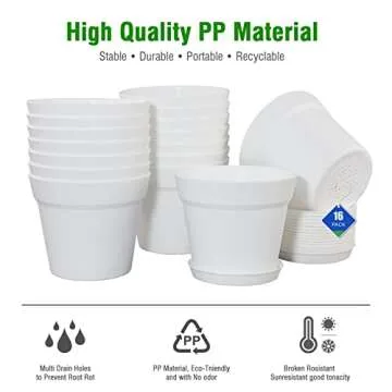 WOUSIWER 16 Pack 6 inch Plastic Planters for Indoor Flower Pots, Heavy Duty and Stylish 6 Inch Plant Pots for Indoor Plants with Drainage Holes and Tray for Plants, Flowers, White