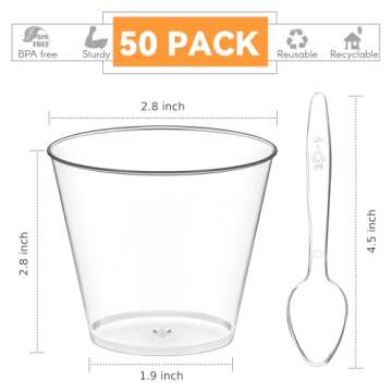 UNFIYEO 50 Pack 5 oz Plastic Dessert Cups with Spoons, Mini Mousse Cup Round Pudding Cups Party Serv...