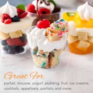 UNFIYEO 50 Pack 5 oz Plastic Dessert Cups with Spoons, Mini Mousse Cup Round Pudding Cups Party Serving Bowl for Cocktails Appetizers Fruit Parfait and Trifle