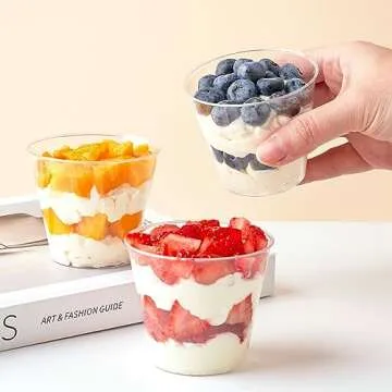 UNFIYEO 50 Pack 5 oz Plastic Dessert Cups with Spoons, Mini Mousse Cup Round Pudding Cups Party Serving Bowl for Cocktails Appetizers Fruit Parfait and Trifle