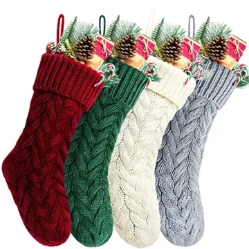 Kunyida Pack of 4, 18 Inches Burgundy, Green, Ivory, Gray Knit Christmas Stockings