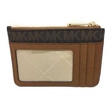 Michael Kors Jet Set Travel Small Zip Pouch with ID Card Holder - PVC Coated Twill Brown & Tassel, One Size, Twill, Brown and Tassel, Taille Unique, Twill, Brown and Tassel, One Size, Twill