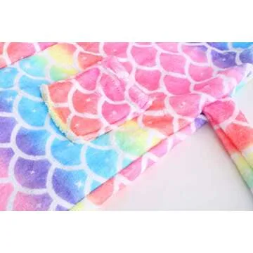 Jxstar Mermaid Hooded Bathrobe for Girls Cozy Flannel Plush