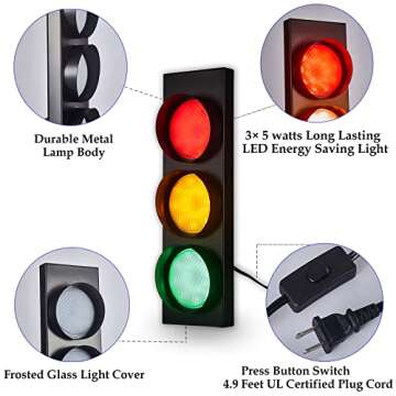 PANLAVIE Traffic Light Wall Lamp Remote Control Retro Kids Bedroom Stop Light, Plug in Industrial LE...