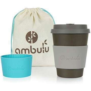 Reusable Coffee Cup for Travel To Go 2oz | Portable Bamboo Mug with Lid, 2 Sleeves, Carry Bag | Plastic and BPA Free | Dishwasher Safe Eco Cups 350ml