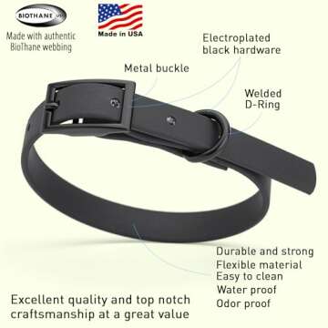 Dogline Biothane Waterproof Dog Collar Strong Coated Nylon Webbing with Black Hardware Odor- Proof for Easy Care Easy to Clean High Performance Fits Small Medium or Large Dogs, Black