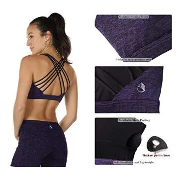 icyzone Sports Bras for Women - Activewear Strappy Padded Workout Yoga Tops Bra (L, Purple)