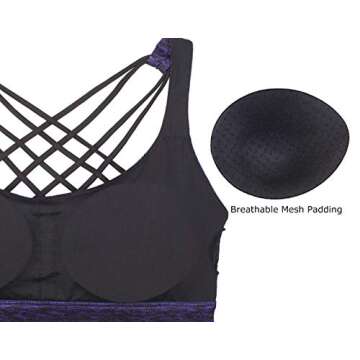 icyzone Sports Bras for Women - Activewear Strappy Padded Workout Yoga Tops Bra (L, Purple)