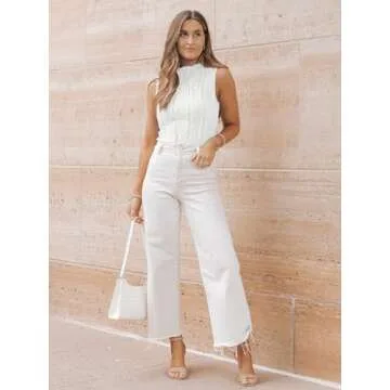 LILLUSORY Women's Mock Neck Business Casual Tank Tops Sleeveless Ruched Work Blouse Fitted 2024 Trendy Shirts White M