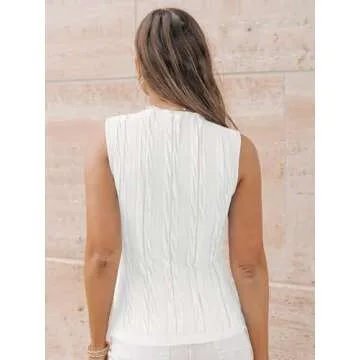 LILLUSORY Women's Mock Neck Business Casual Tank Tops Sleeveless Ruched Work Blouse Fitted 2024 Trendy Shirts White M