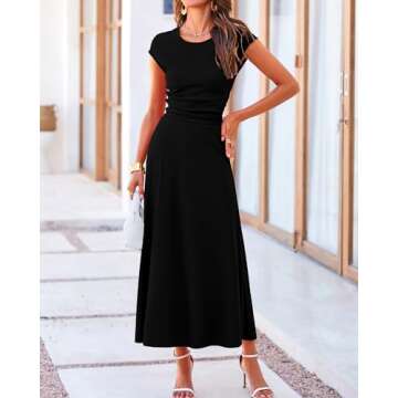 BTFBM Women Two Piece Skirt Set Casual Ribbed Knit Crew Neck Short Sleeve Cropped Top Elastic Waist Swing Midi Skirts(Solid Black, Medium)