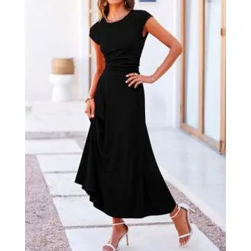 BTFBM Women Two Piece Skirt Set Casual Ribbed Knit Crew Neck Short Sleeve Cropped Top Elastic Waist Swing Midi Skirts(Solid Black, Medium)