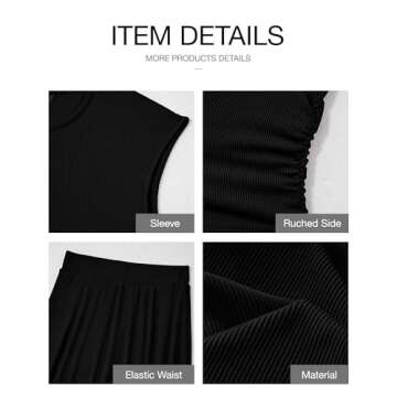 BTFBM Women Two Piece Skirt Set Casual Ribbed Knit Crew Neck Short Sleeve Cropped Top Elastic Waist Swing Midi Skirts(Solid Black, Medium)