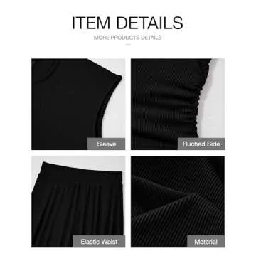 BTFBM Women Two Piece Skirt Set Casual Ribbed Knit Crew Neck Short Sleeve Cropped Top Elastic Waist Swing Midi Skirts(Solid Black, Medium)