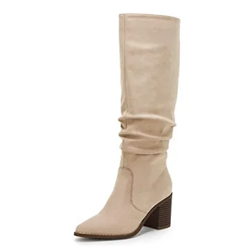 Huiyuzhi Women's Pointed Toe Knee High Boots Mid Chunky Heel Faux Suede Side Zipper Riding Booties