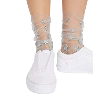 fxmimior Fashion Women Hot Glitter and Stars Tulle Socks (silver)