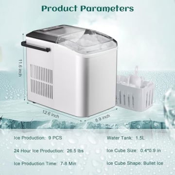 rosmena Bullet Ice Maker, 26.5 lb/24H Counter Top Ice Maker with Self-Cleaning Function, 9 Cubes Rea...