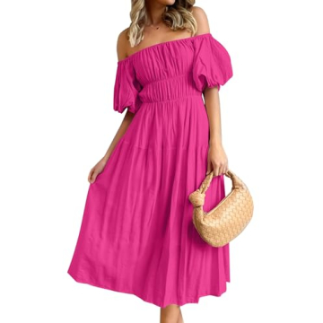 ZESICA Women's Sexy Boho Off Shoulder Puff Sleeve High Waist Ruffled Beach Dress