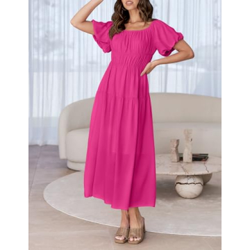 ZESICA Off Shoulder Puff Short Sleeve A Line Midi Dress